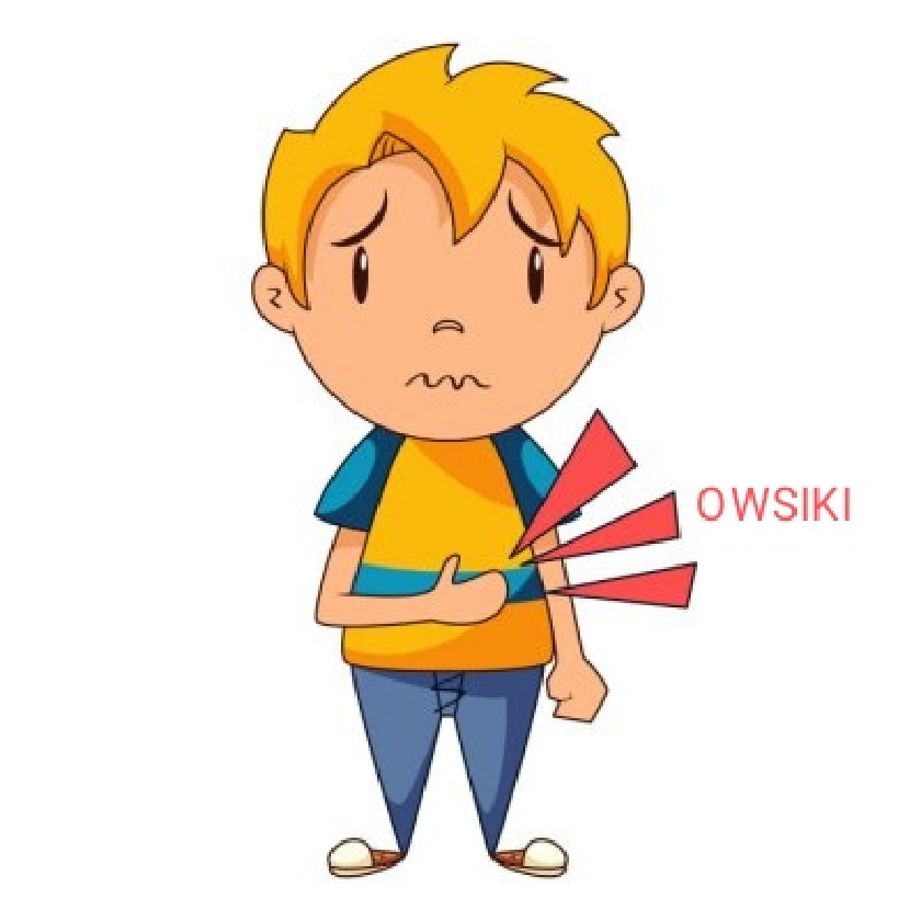 Chłopiec z b&oacute;lem brzucha oraz podpis ,,Owsiki"